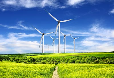 wind turbines in green fields