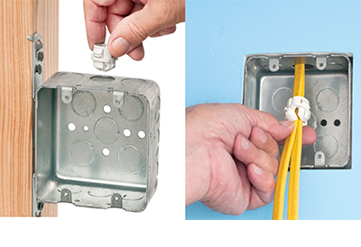 White Button NM Cable Connectors offer Easy push in Installation from Inside or Outside an Electrical Box