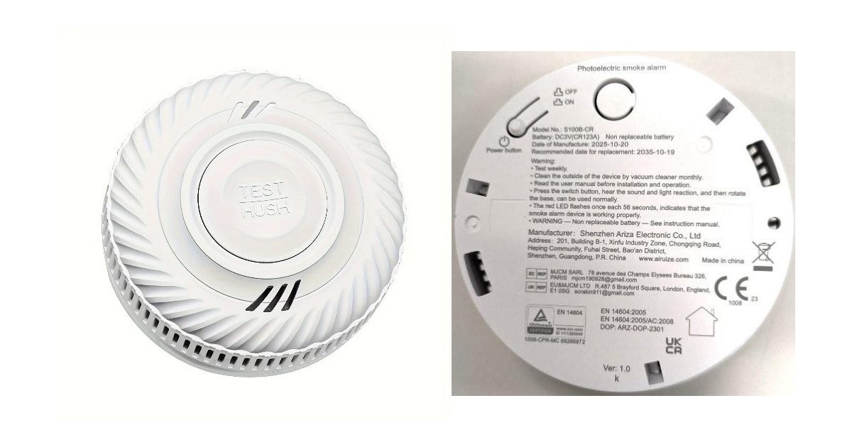 Ariza Independent Smoke Alarm recalled due to potential failure to operate